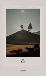 the silhouette of a man and animals against a sunset