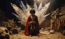 a man dressed as jesus walks in an opening of firecrackers