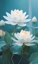 three water lillies blooming in a pond