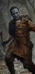 a male zombie riding on top of a brown horse