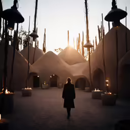 a person walking through a desert like area with desert - like structures and tall lights