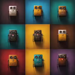 a series of eight photographs, with colored cameras