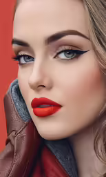 a woman with red lipstick wearing a scarf