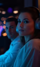 two people sitting down with headset in their ears