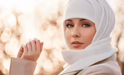 a beautiful woman with a headscarf wearing white