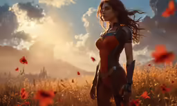 a woman in a red body suit standing in a field