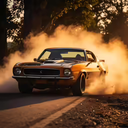 an orange mustang muscle car driving down the street with smoke coming out of the hood