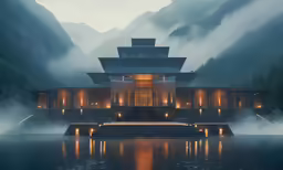 a large modern building on a misty day