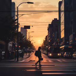 a person crossing a street at dusk with sun in background