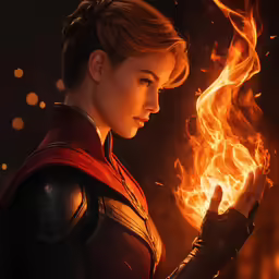 a woman dressed in armor holding a lit object