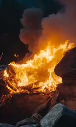 a large rock covered in flames next to a forest