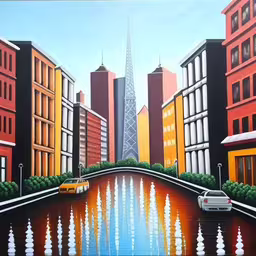 a painting on a wall of a city, with cars driving in the road and people standing outside