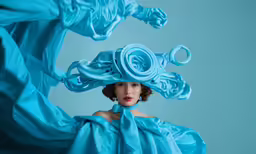 a woman with blue hair is posing in blue