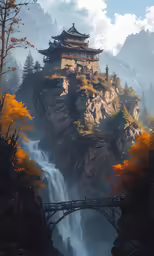 a fantasy landscape with a waterfall and bridge
