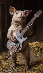 a pig is playing the guitar and holding its mouth