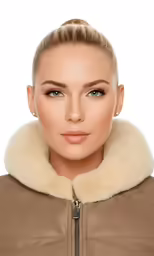 a blonde woman wearing an overcoat and fur collar
