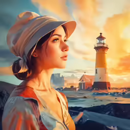 a beautiful young lady standing in front of a lighthouse