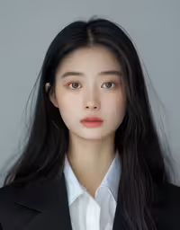 a woman in a black suit poses for a photo,a woman with long black hair and a black blazer