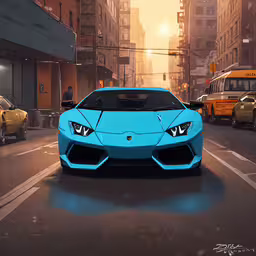 two vehicles on a city road with skyscrapers in the background,a bright blue sports car driving down a road in front of yellow and black taxi