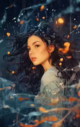 the girl is walking through the rain with leaves falling from her hair