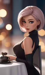 a cartoon character is sitting at a table and drinking a cup