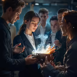 the cast of fantastic beasts looks on as the character holds the object and looks at it