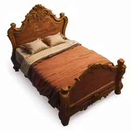 a small bed with golden colored wood carvings and an antique wooden headboard