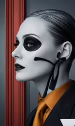 a woman in a black and white make - up has long scissors on her nose