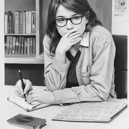 a girl wearing glasses writing while sitting at a desk