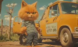 an orange cat in front of a yellow jeep
