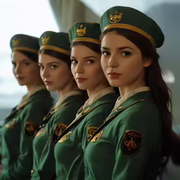 women in military uniforms look off into the distance