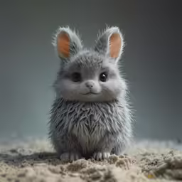 a baby gray rabbit sitting on top of sandy ground