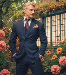 the man poses in his blue suit and flower garden,a man dressed in blue stands next to orange and pink flowers