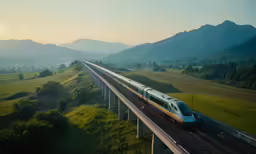 a train passing over an open green valley on a bridge