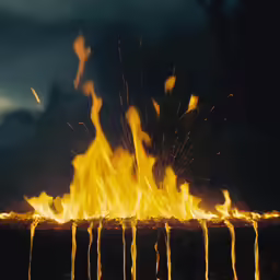 yellow flames are set on a pile with long sticks