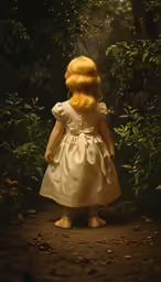 a little girl dressed in white stands on a trail