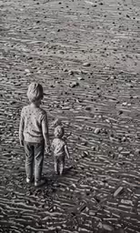 an older woman and a small child walking on a dirt road