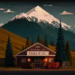 painting of a snowy mountain with stores