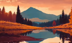 the sun is setting over a mountain and river,mountains rise above a forest and reflect in the still water