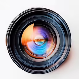 a camera lens with a blue red and orange lens
