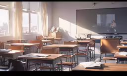 classroom with desks and chairs are empty with a large screen in the center