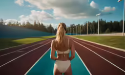 woman in swimsuit on a running track with clouds in the background