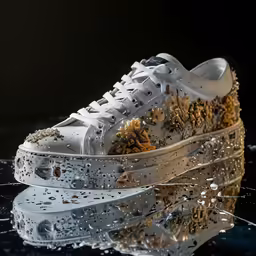 white sneakers with gold and white jewels on top