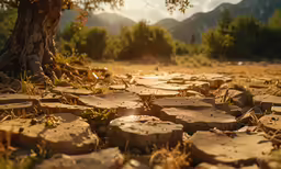 a dirt road in front of a tree with sun coming out