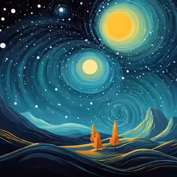 some paintings of a mountain with stars and a blue sky