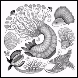 an illustration of a sea horse and fishes,a drawing of sea animals and sea fish