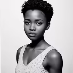 a young lady in black and white wearing an afro