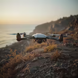 the small aircraft is flying low over a rocky hillside