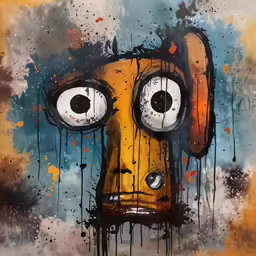 a painting with black spots on it shows a face made of yellow and red paint