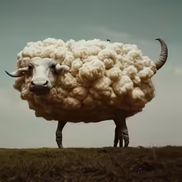 a ram with long horns and huge chunky wool on its back stands in a field
